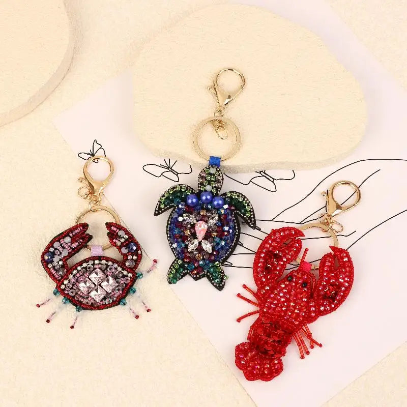 B*1Pc Rhinestone Lobster Beaded Pendant Pretty Hand Sewn Bag Charms Crab Shells Turtle Hanging Rope Patches Applique Bag Lanyard