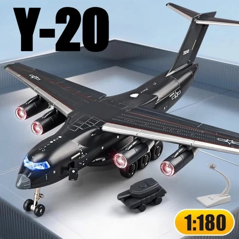 1:180 Scale Y-20 Transport Aircraft Model Toy Metal Body Pull Back Foldable Nose Wheel Military Plane Models Children's Gifts