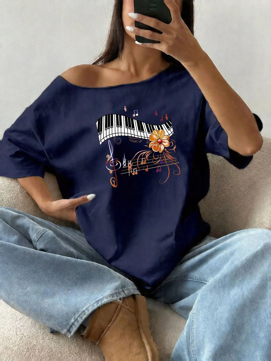 100% Cotton Plus Size Musical Piano Keys Flower Pattern Shoulder Loose Print T-Shirt Oversized Y2K Style Graphic Tees Women T