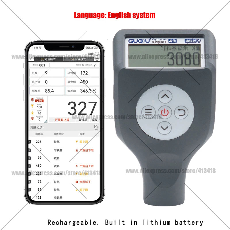 GUOOU LCD Screen Auto Car Paint Film Thickness Gauge Paint Coating Thickness Tester 0-3000μm 0.1μm Fe NFe Probe Gauge