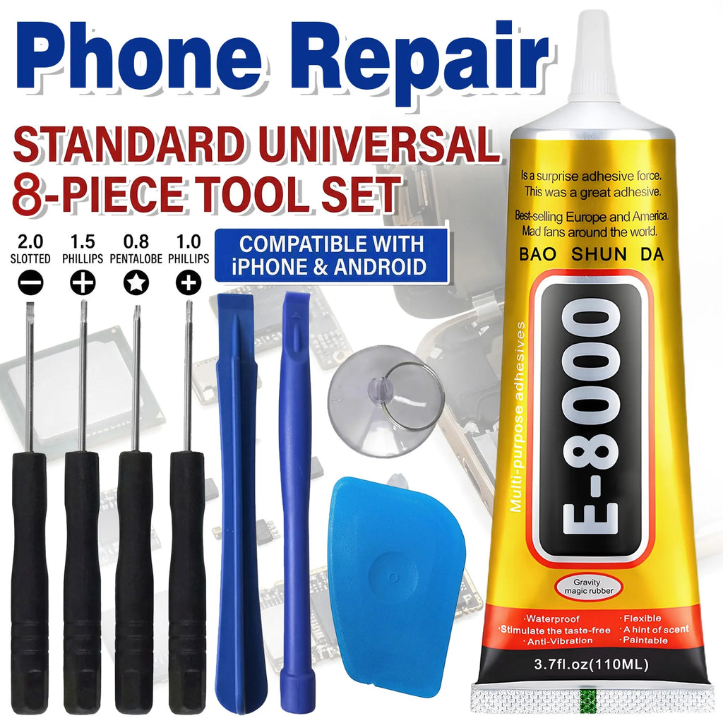 JXVX 8 in 1 Mobile Phone Repair Tools Disassemble Repair Kit for Android iPhone Screwdriver Combination Skid Multi Function Disassembly Set E-8000 Mobile Phone Screen High-Strength Waterproof Adhesive.