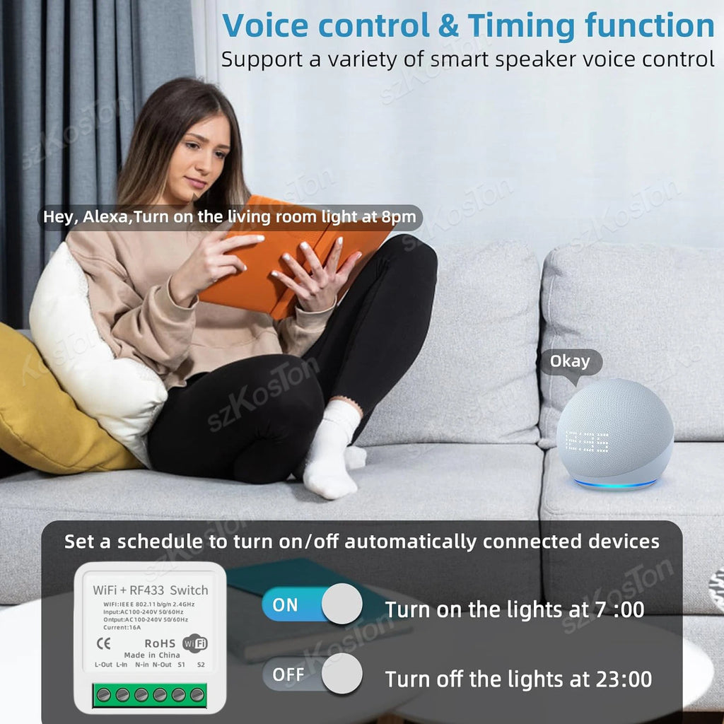 Tuya RF433 WiFi Smart Switch Smart Home 1/2/3Gang Wireless Remote Control 16A Mini Relay Receiver Voice for Alexa Google
