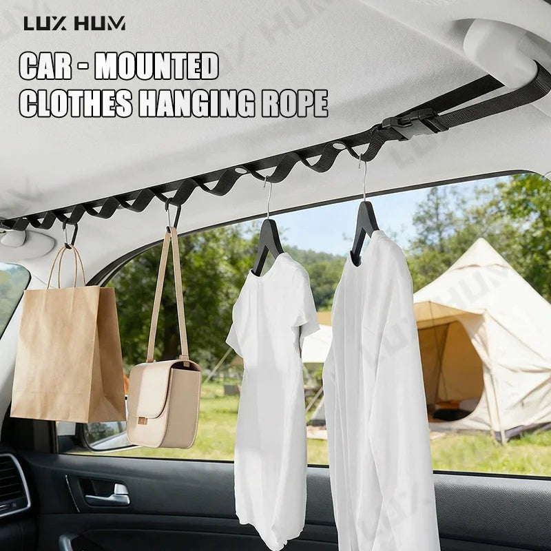 Portable Car Clothes Hanging Rope Multi-Functional Auto Interior Clothesline Organizer for Camping Travel Large Load-Bearing