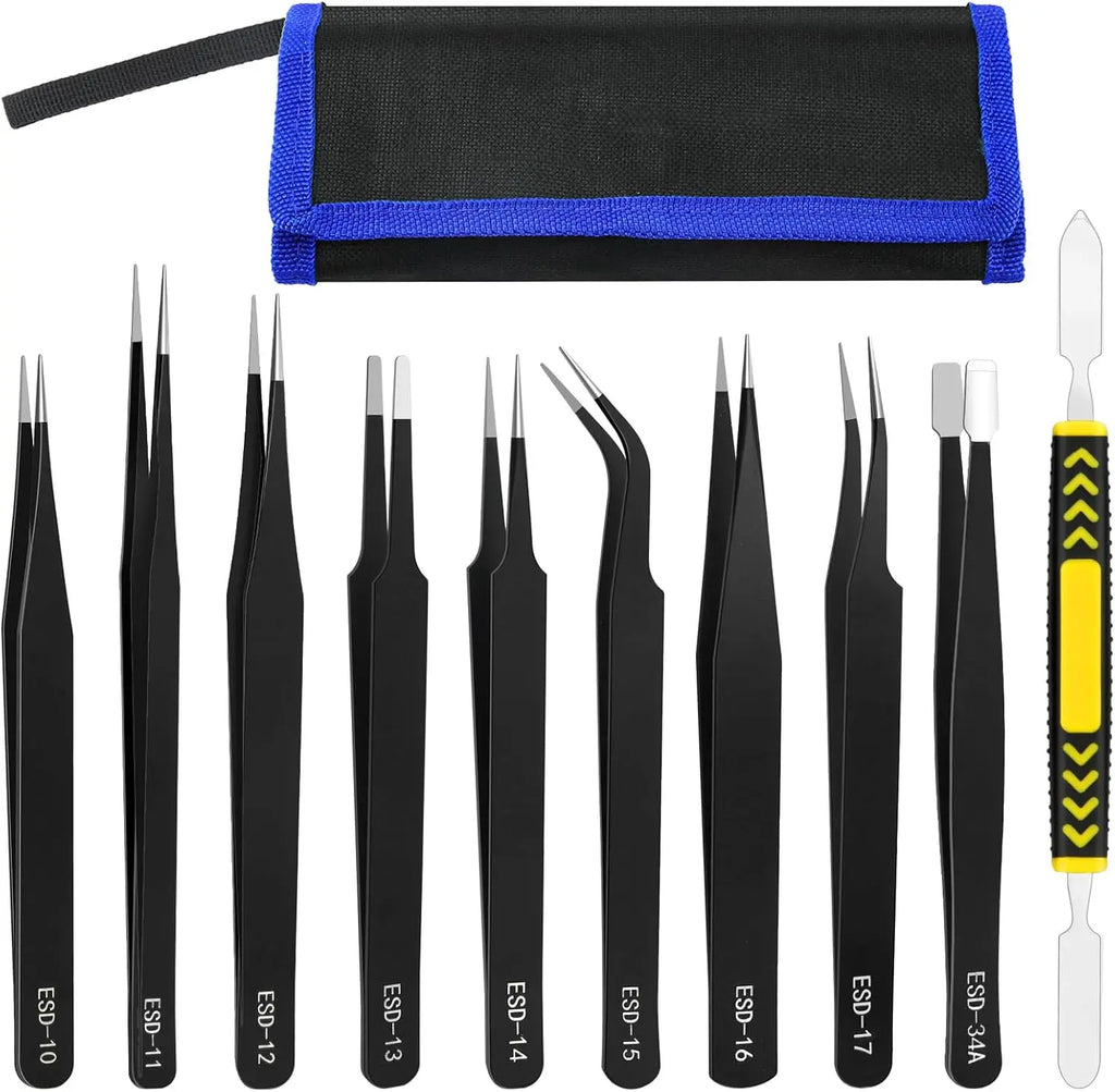 Industrial Grade ESD Anti-static Tweezers Set 1.5MM Precision Tip High Hardness Stainless Steel Tweezers Corrosion-Resistant