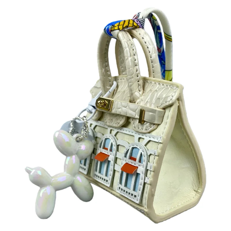 Handcrafted Mini House-Shaped Handbag with Puppy Keychain Suede Touch Bag Charm Purse Accessory for Earphones Coins Lipsticks