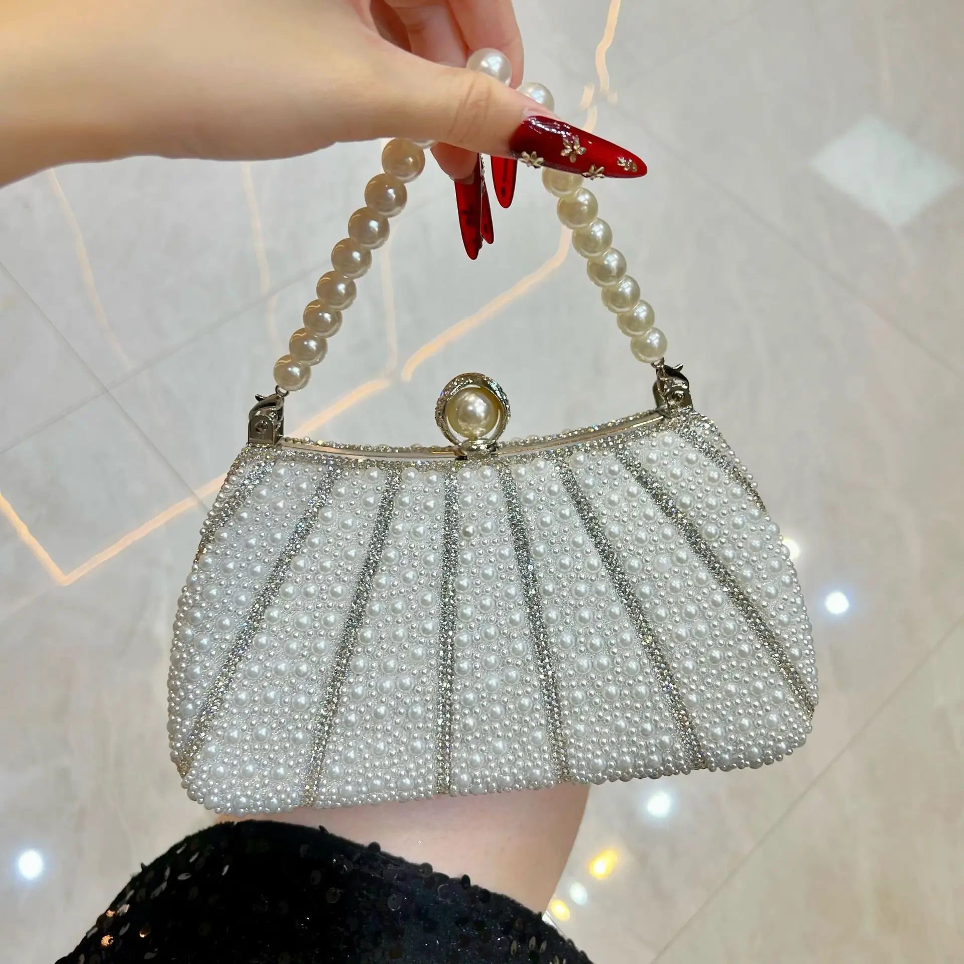 Pearl Rhinestone party Clutch Bag for Women Glitter Embroidered Bead Wedding Bride Handbag luxury Pearl Chain Evening Dress Bags