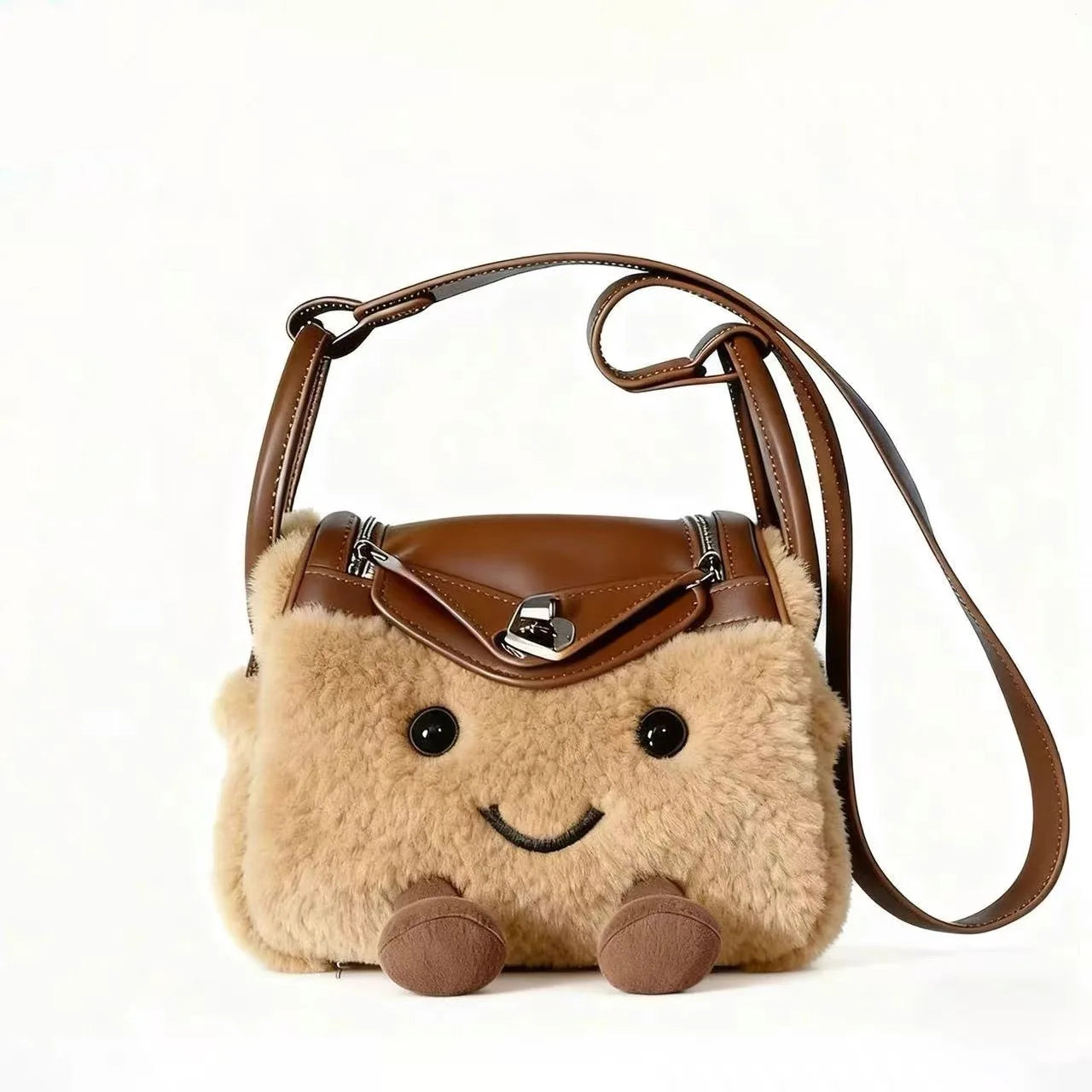 New Autumn/Winter 2025 Cute Cartoon Plush Spliced Pu Leather Pillow Bag Sweet Girl's Versatile Crossbody Bag for Commuting