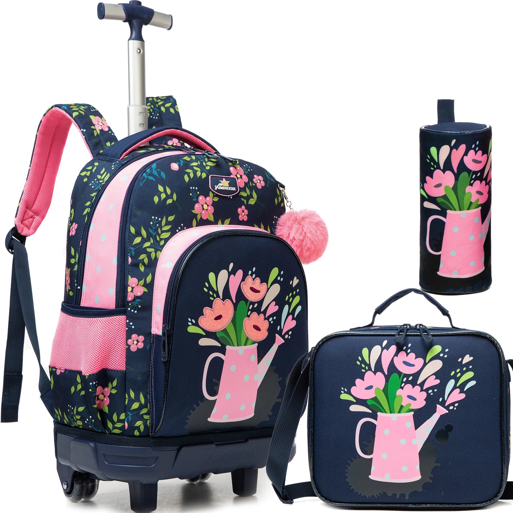 3-Piece Girls Stylish Rolling Backpack Set Perfect for Girls with Wheeled Luggage Lunch Bag Pencil Case for School Travel