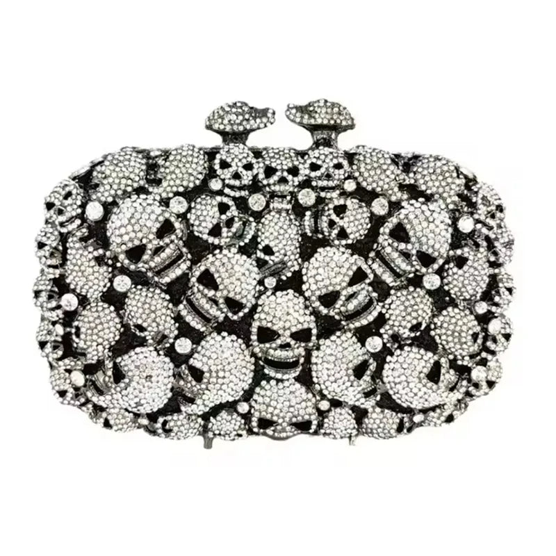 WHTUOHENG Skull Style Women Crystal Clutch Purse Metal Hard Box Handbag For Designer Rhinestone Female Diamond Party Prom Bags