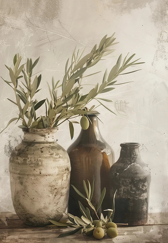 Retro Elegant Olive Tree and Lemon Canvas Poster Vase Wall Art Poster Perfect Gift for Living Room Bedroom Dormitory Home Decor