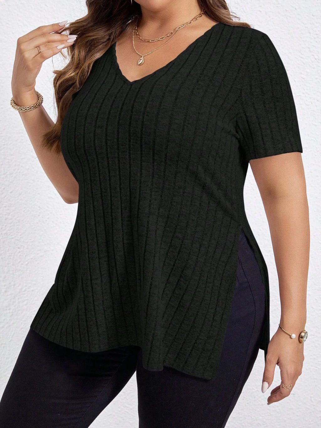 Women'S 1XL-5XL Plus Size T Shirt Summer Solid Color Large Women's Tops V-Neck Pit Striped Short Sleeve Split Loose Black Shirts