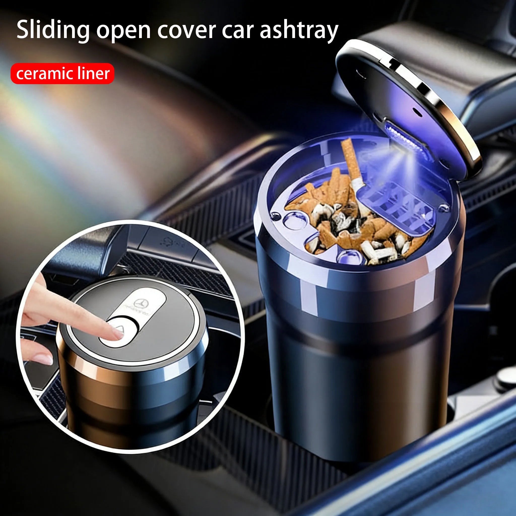 Portable car LED ashtray ceramic liner smokeless car bracket box for Mercedes Benz GLA GLB GLC GLE GLS SLS G63 W166 W214 W140