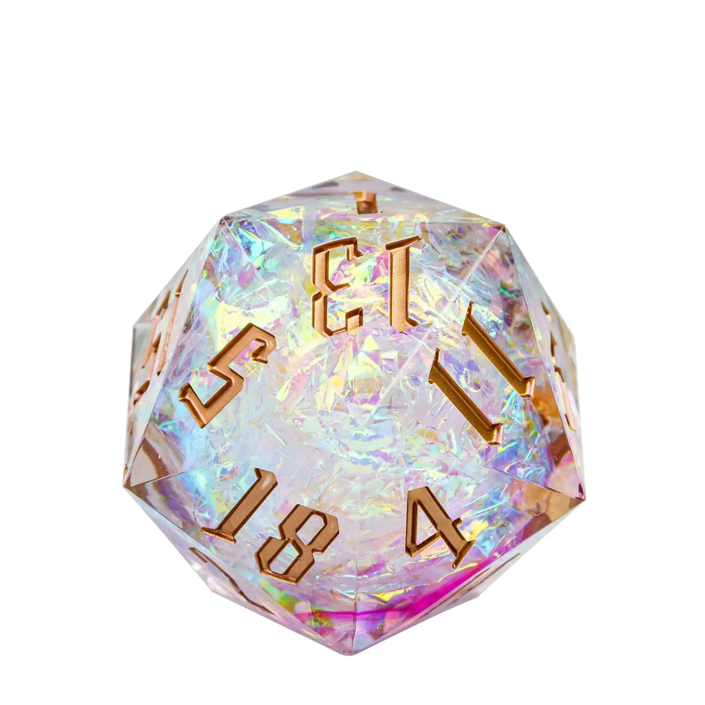 Cusdie 33mm Rainbow Film D20 Dice, 20 Sided Resin Sharp Edges Dice, Single D20 Polyhedral Dice, for Role Playing Board Game