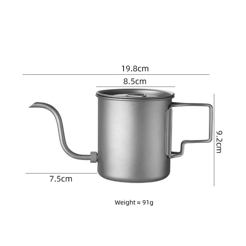380ml Titanium Pour Over Coffee Kettle, Gooseneck Spout with Folding Handle, Lightweight Portable for Camping Hiking Travel
