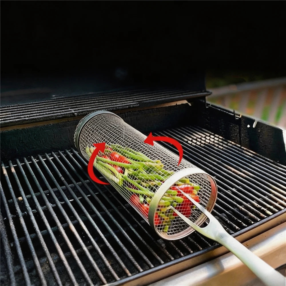 Stainless Steel Rolling BBQ Grill Basket, Wooden Handle Rotatable Mesh Barbecue Tube For Outdoor Camping Grilling