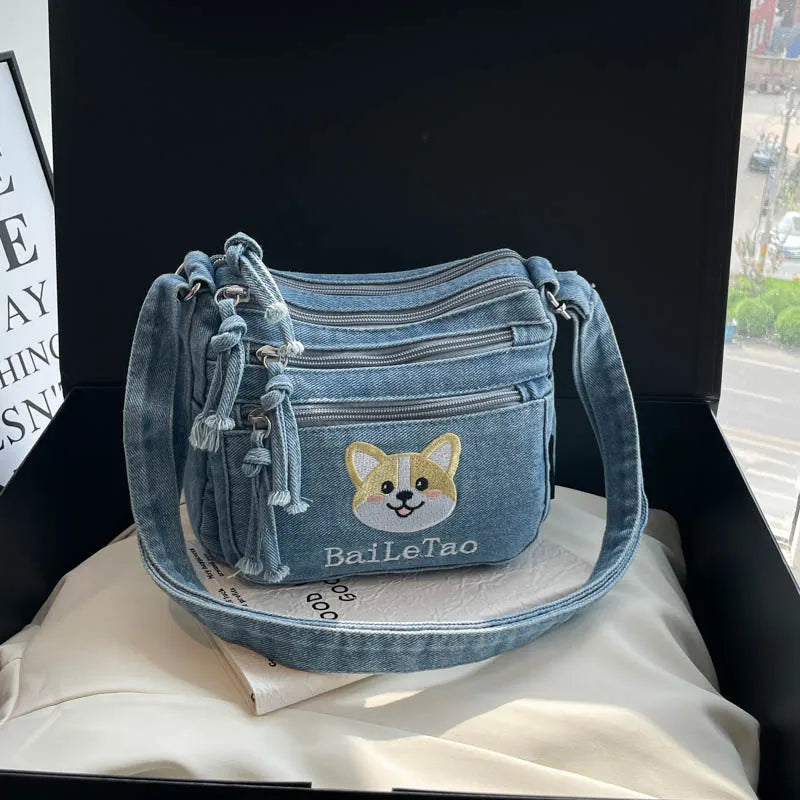 Korean Version Denim Crossbody Bag with Cute Dog Embroidery – Adjustable Strap, Multi-Pocket Small Sling for Women