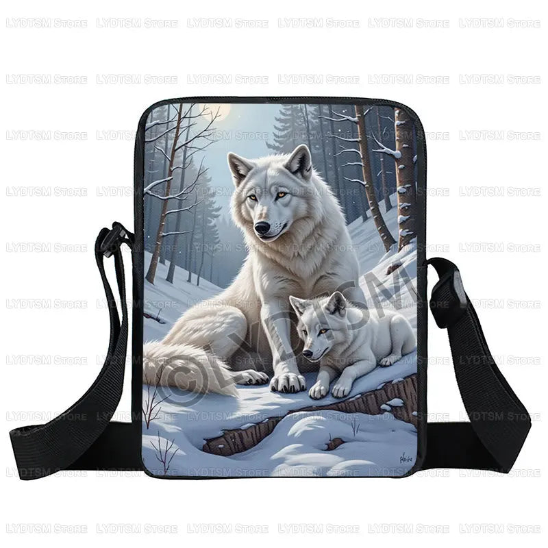 Cool Moon and Howling Wolf Print Crossbody Bag Women Handbag Student Bookbags Phone Wallet Holder Messenger Bags Gift