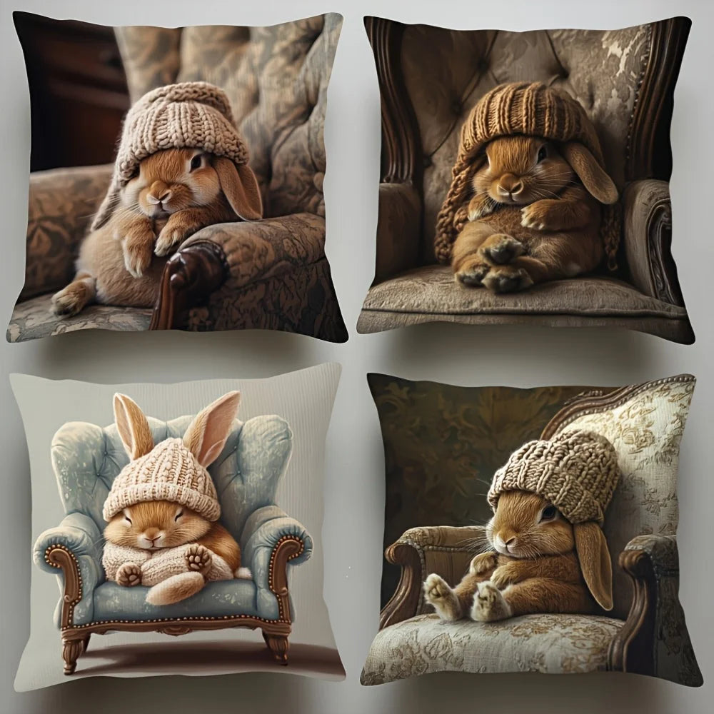 4Pcs Cute Rabbit Pillow Covers for Spring Summer & Easter - Soft Polyester Fiber, Single-Sided Print with Hidden Zipper