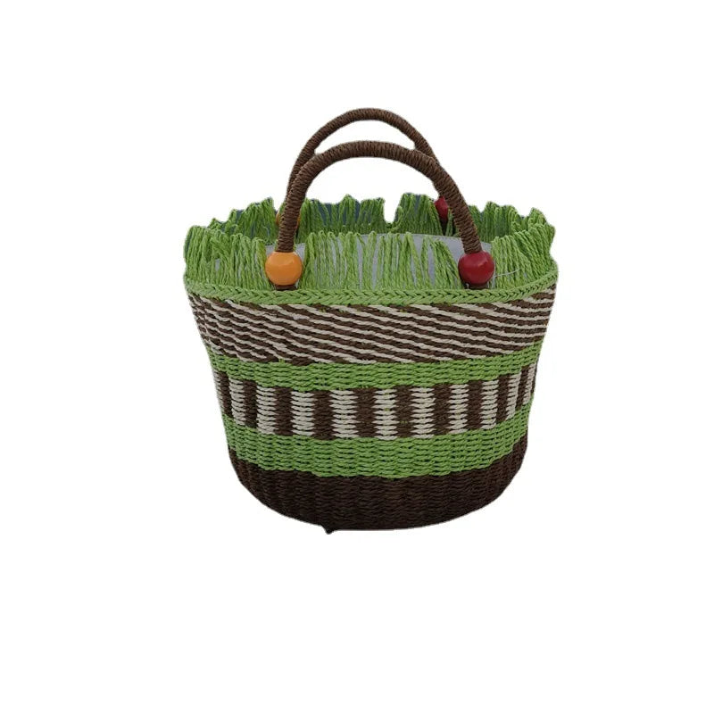 Cute Bucket Bag Picnic Basket Tassel Bead Decorated Hand Woven Grass Handbag Charming Shoulder Bag Women's Fashion Accessory