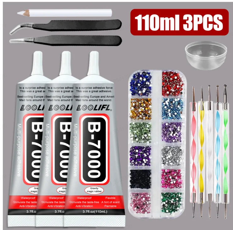 LOOLIFL 3 Pack 110ml B7000 Clear Glue, Multi-Purpose Adhesive with Rhinestones Kit, Precision Tips, Dotting Tools, Tweezers & Pencil for Bedazzling, Jewelry Making, Nail Art, Fabric, Shoes, Phone Repair & DIY Crafts