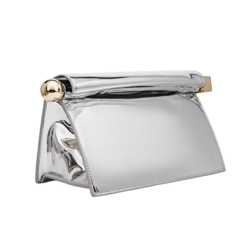 Large Silver Curled Edge Folding Handbag Fashion Premium Metalic Single Shoulder Crossbody Bag High Texture Leather Clutch Bag