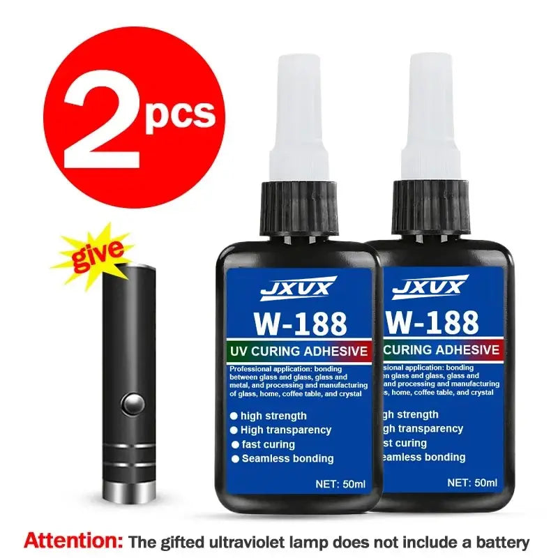 50ml New W-188 UV-Curing Resin Adhesive, High-Strength suitable for DIY projects, bonding and welding glass, metal, ceramics, and ABS materials Includes UV curing lamp, 1-3 pcs.