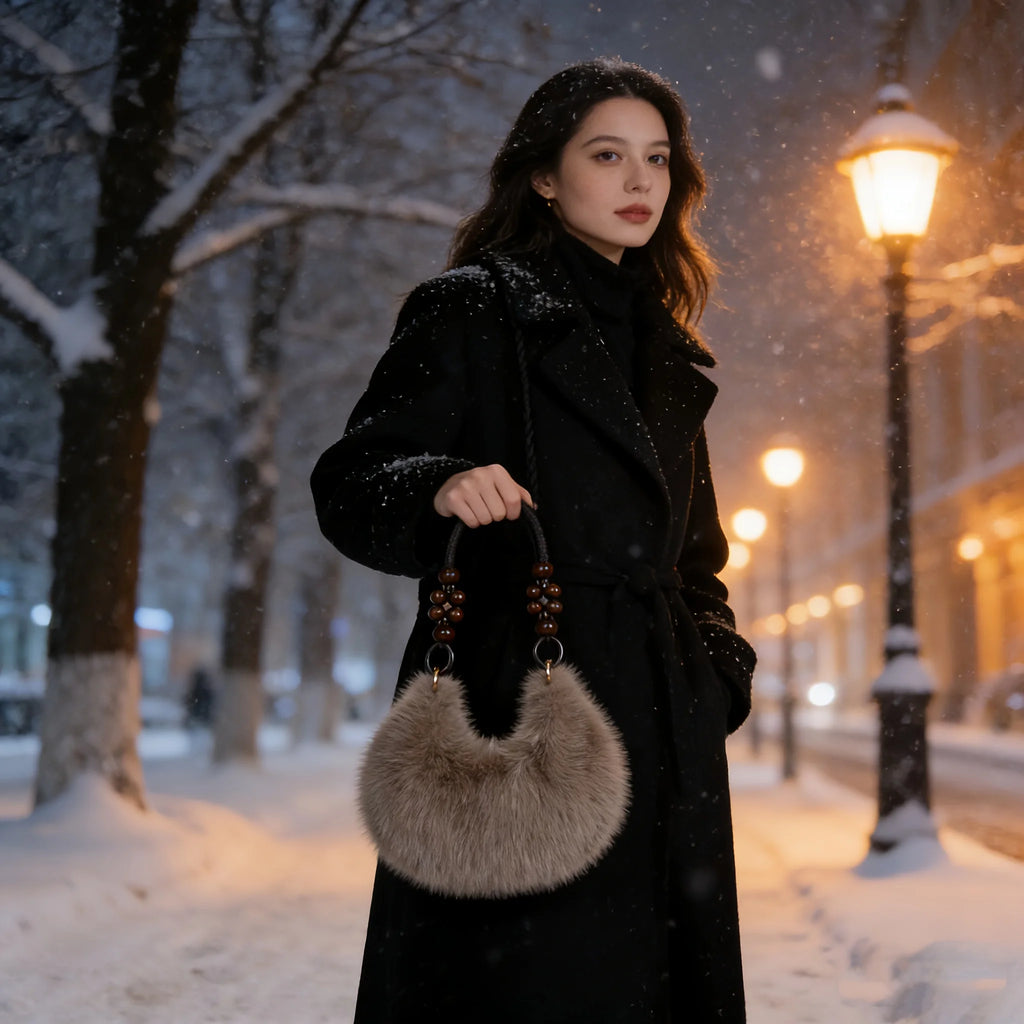 Elegant Plush Tote & Crossbody Bag with Beaded Strap. Zipper Closure, Multiple Colors. Perfect for Daily & Special Events.