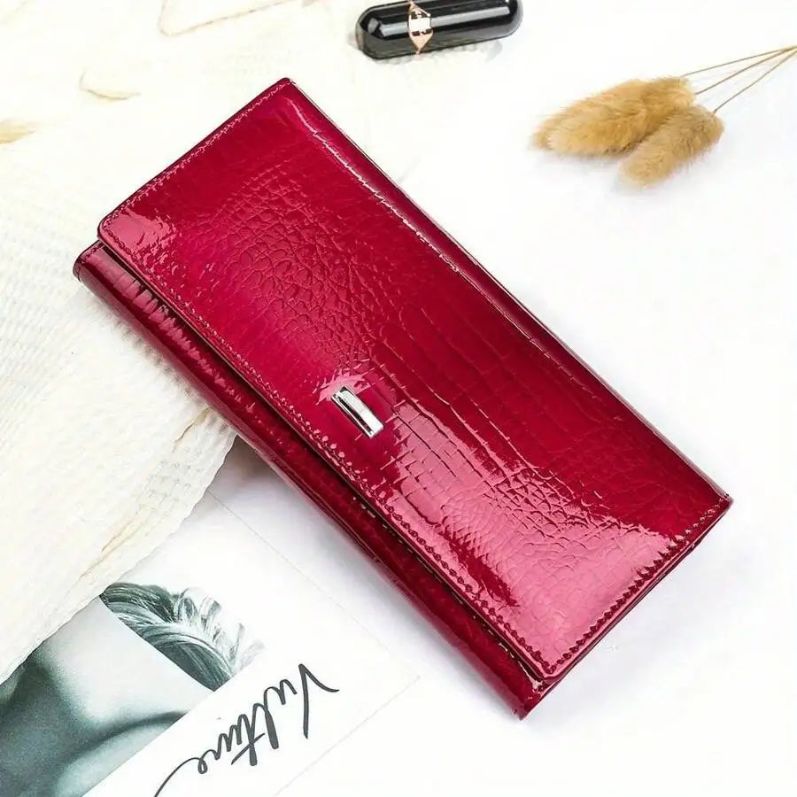 New Shiny Leather Cowhide Wallet Women's Long Leather Money Clip Bag, Evening Bag