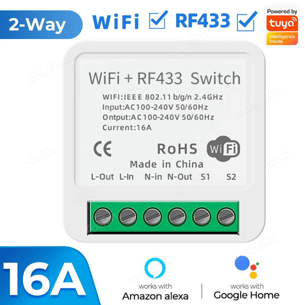 Tuya RF433 WiFi Smart Switch Smart Home 1/2/3Gang Wireless Remote Control 16A Mini Relay Receiver Voice for Alexa Google