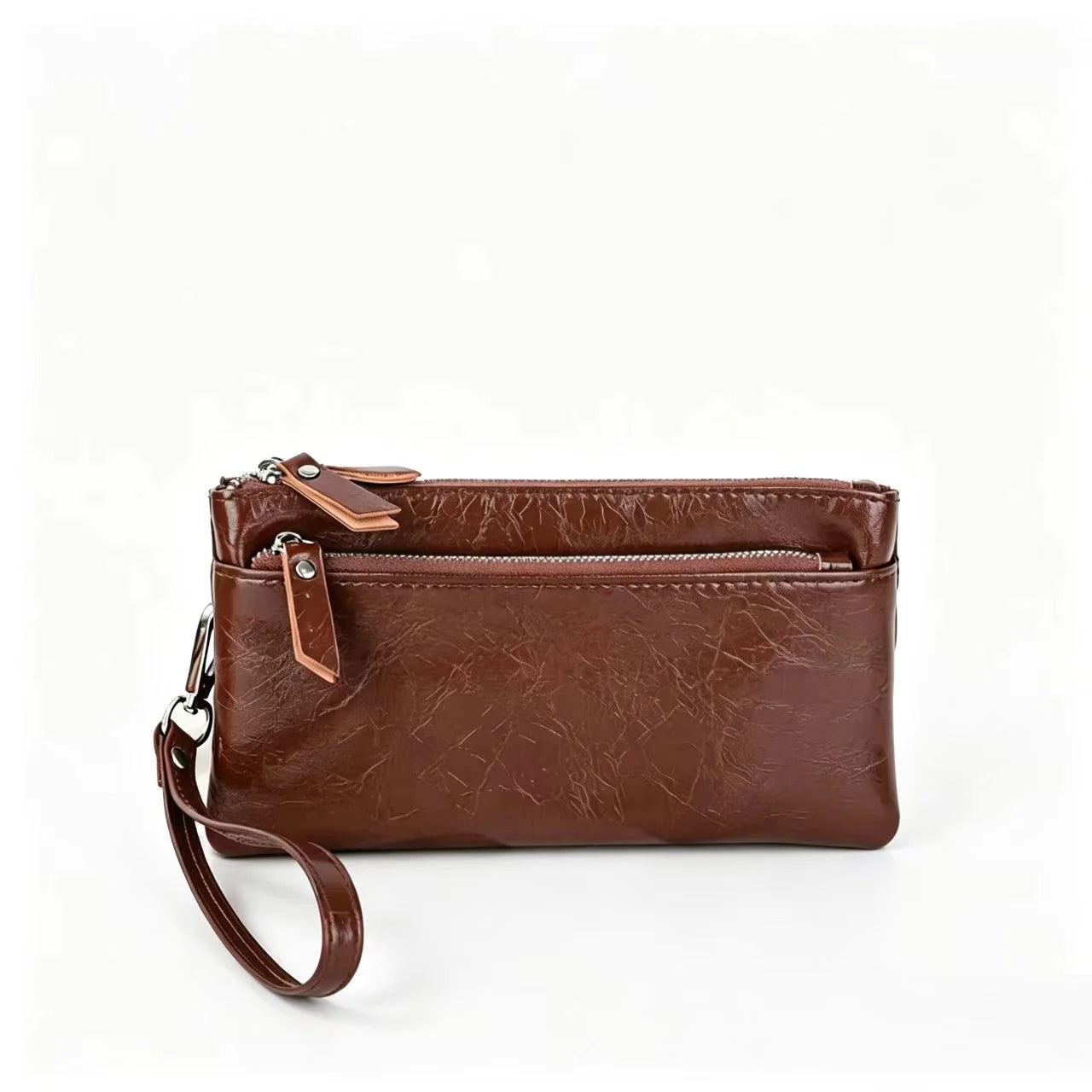 Women Genuine Leather Clutch Purse 3 Zipper Pockets Wrist Strap Wallet 2026 New Cow Leather Phone Pouch