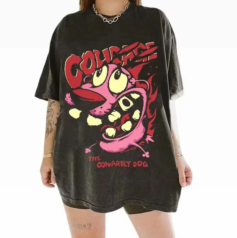 Women's Plus Size Retro "Cowardly Hero" 90s TV Series T-shirt Pure Cotton Breathable Fashionable and Versatile Unisex Oversized