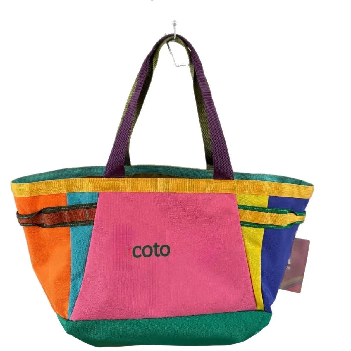 30L rainbow-colored patchwork nylon tote bag, large capacity with multiple side pockets, lightweight shoulder bag, suitable for shopping, travel, and daily outdoor activities.