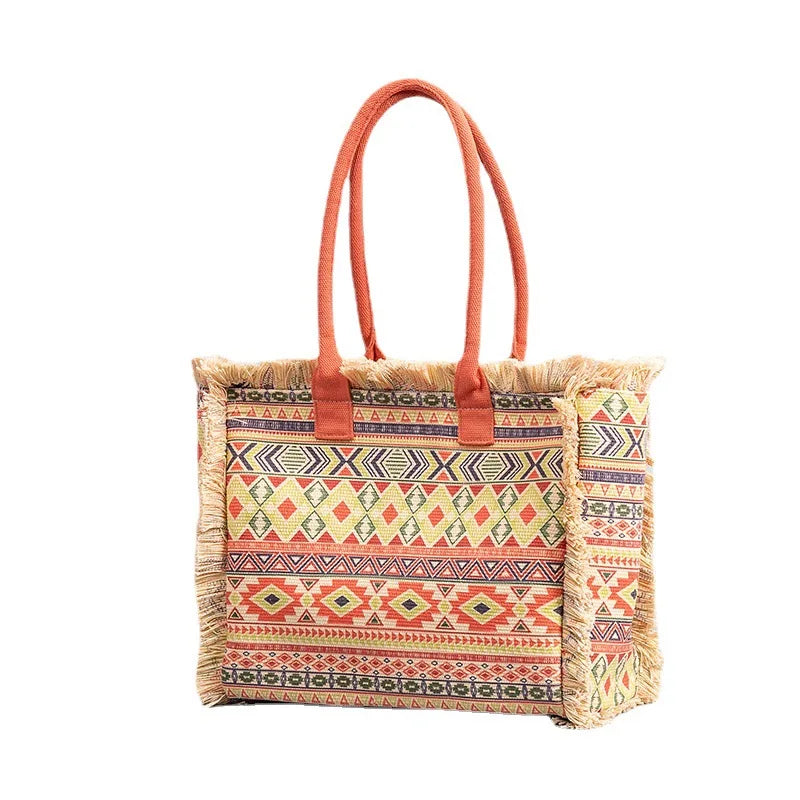 Tote bag Bohemian retro shoulder bag Zipper handbag Large capacity canvas bag Women's summer