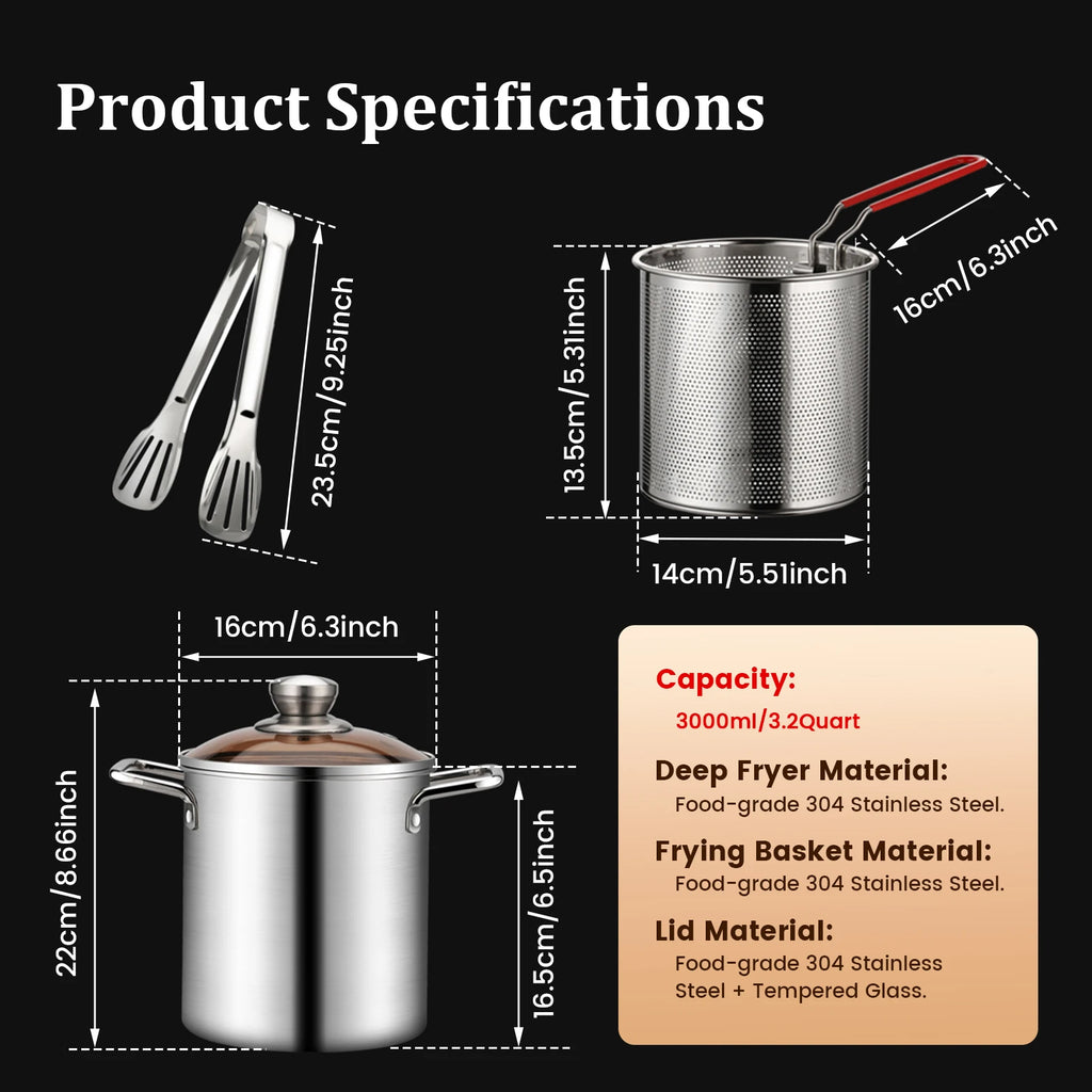 Deep Fryer Pot 304 Stainless Steel Fry Pot with Basket and Lid Food Grade Deep Fryer Multifunctional Deep Frying Pot 3.2Quart