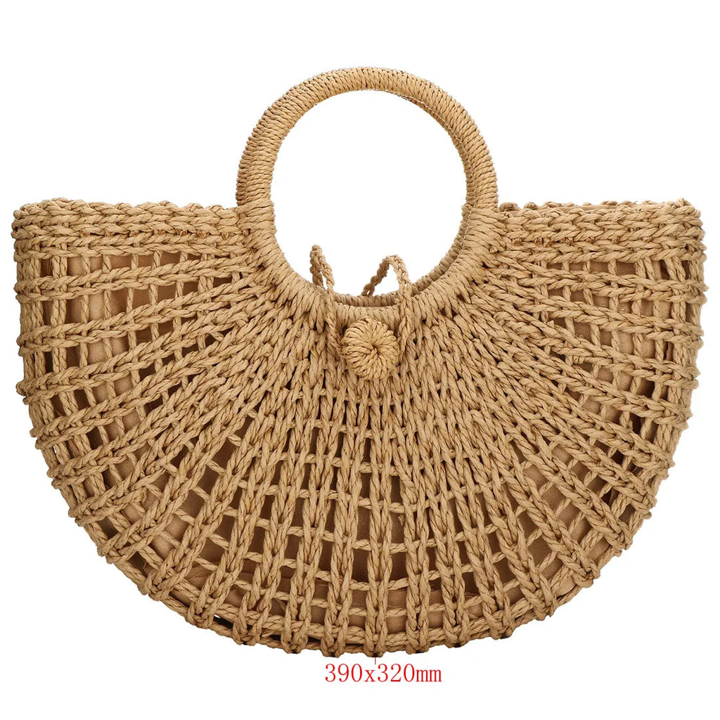 Large Capacity Summer Handmade Straw Weave Bags For Women Half-Round Rattan Woven Beach Bag Ladies Beach Wrapped Handbags Totes