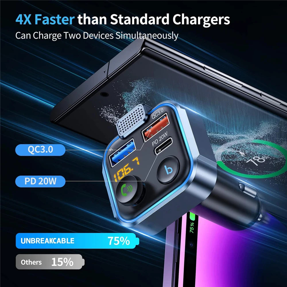 Car Hands-free Bluetooth 5.0 FM Transmitter Car Kit MP3 Modulator Player Handsfree Audio Receiver QC3.0 18W 2 USB Fast Charger
