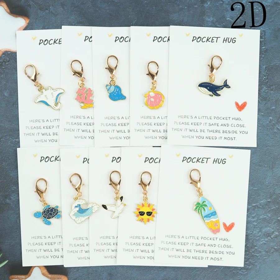 10 sea-themed keychain items featuring marine elements such as sea turtles, seagulls, whales, and shells. Includes a pocket-size