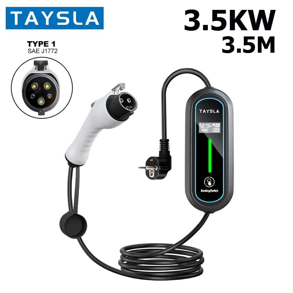 TAYSLA EV Charger Portable 3.5kW 16A TYPE 2 TYPE 1 J1772 Charger EU Plug Charging Cable Wallbox AC80V-260V for All Electric Car