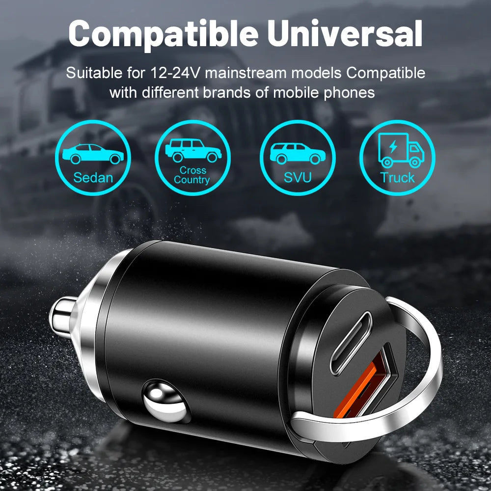100W Mini Car Charger Dual Port PD Type C & QC USB A Fast Charging Adapter Flush Fit Stealth Pull Ring For 12V 24V Vehicles