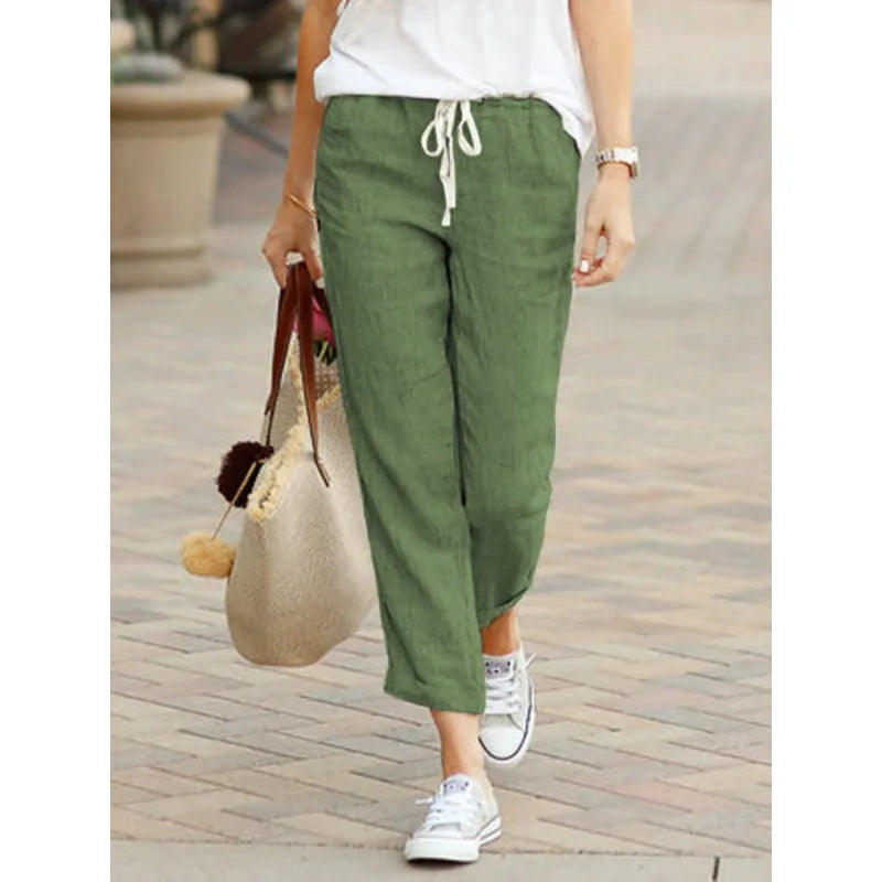 2025 New Fashion Nine-minute Trousers Solid Colour Loose Leisure Drawstring Elastic Waist Cotton Pants