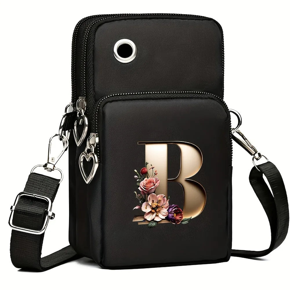 Fashion A-Z Letter Print Women's Crossbody Bag Large Capacity Three-Layer Zipper Phone Bag Daily Travel Coin Purse