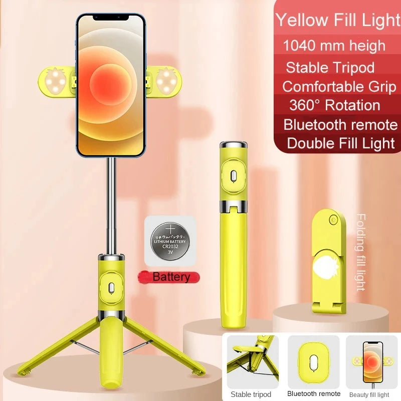 M01S Selfie Stick with Tripod Remote Control Wireless Bluetooth-Compatible Retractable Double Fill Light for IOS Android IRO
