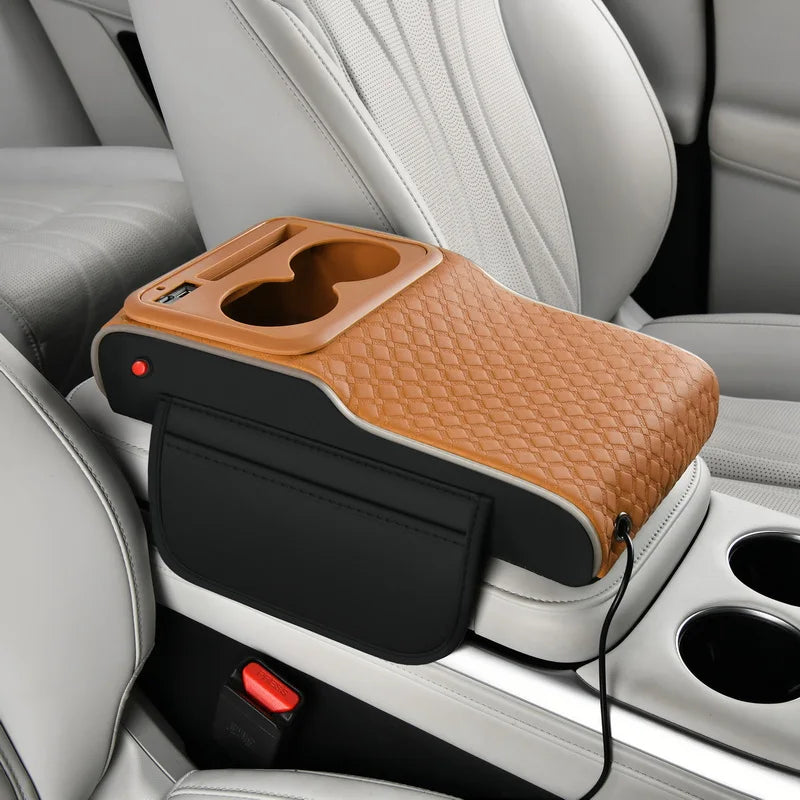 Multifunctional PU Leather Car Cup Holder Armrest Pad with Storage Pockets Soft Comfortable for Phone Charging and Support