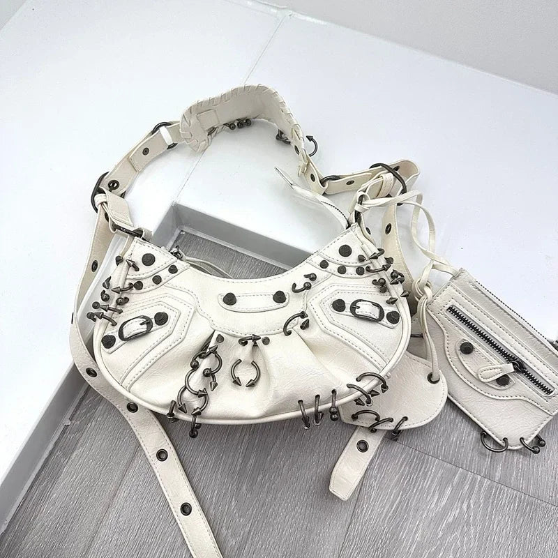 Women's Punk Bag Set, White Crumpled Tote With Matching Wristlet, Studded Design & Metal Hardware, Versatile Day To Night Wear