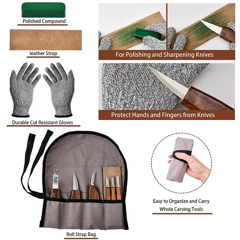 10Pcs Wood Carving Tools Set with Detail Wood Carving Knife Wood Chisel Knife Gloves Carving Knife Sharpener for Spoon Bowl Cup