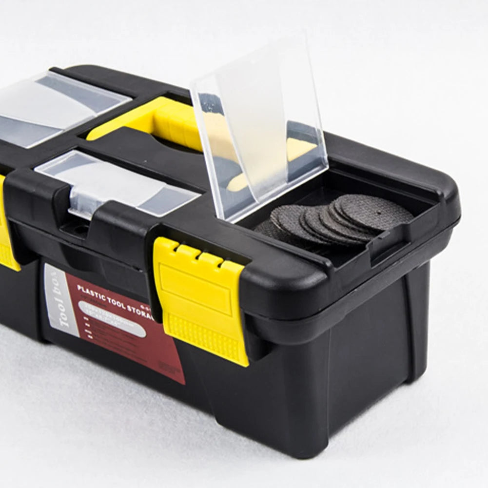 10-Inch Two-Layer Plastic Toolbox With Metal Hinges And 4 Latches For Tool Storage And Accessories Organization Black