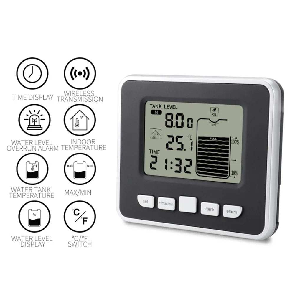 Ultrasonic Water Tank Liquid Level Meter Temperature Sensor Time Display W/ Alarm Ultrasonic Water Tank Liquid Depth Level Meter