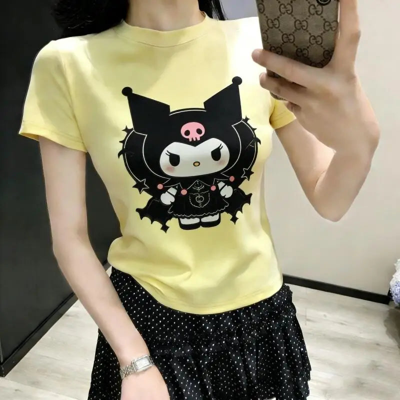 Short-Sleeved T-Shirt Kuromi Women's 2026 New Summer Sanrio Printed Senior Age-Reducing Tops Cotton White Cartoon Print Cute