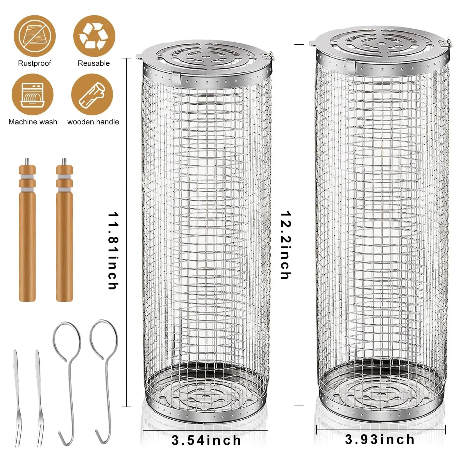 BBQ Rolling Grill Basket with Turn Handle Stainless Steel Reversible Outdoor Barbecue Camping Picnic Fish Grill Tool BBQ Grill
