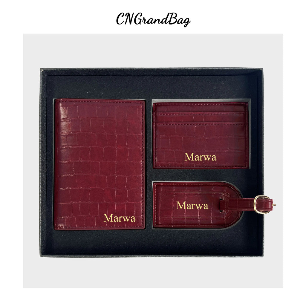 Free Custom Name Initial Gift Box Set Crocodile Leather Passport Cover  Luggage Tag Cardholder Travel Accessories